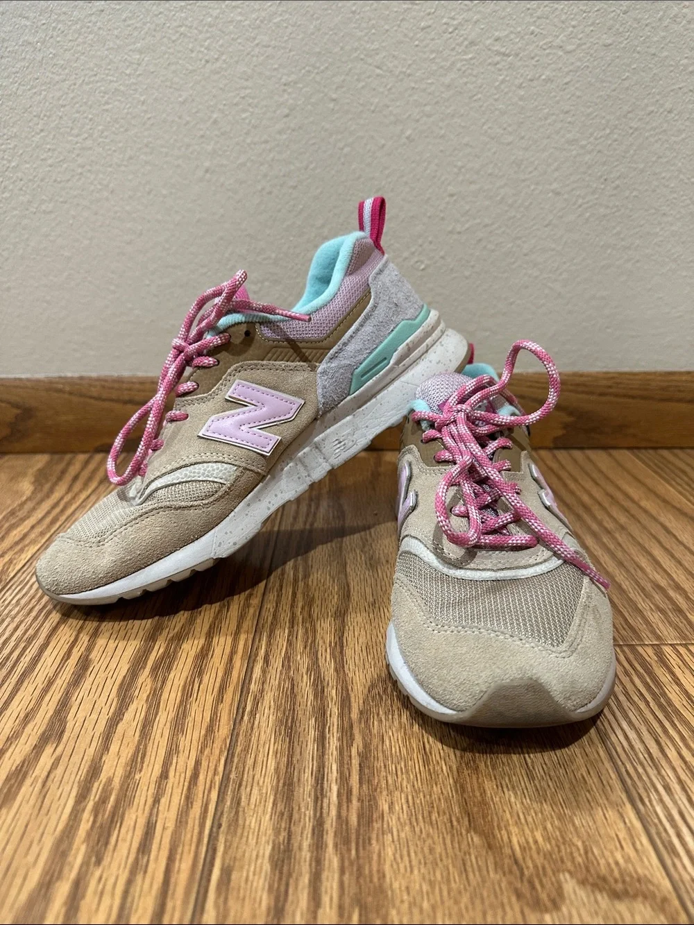 New Balance Kids Beige with Pink and Aqua Accent Sneakers